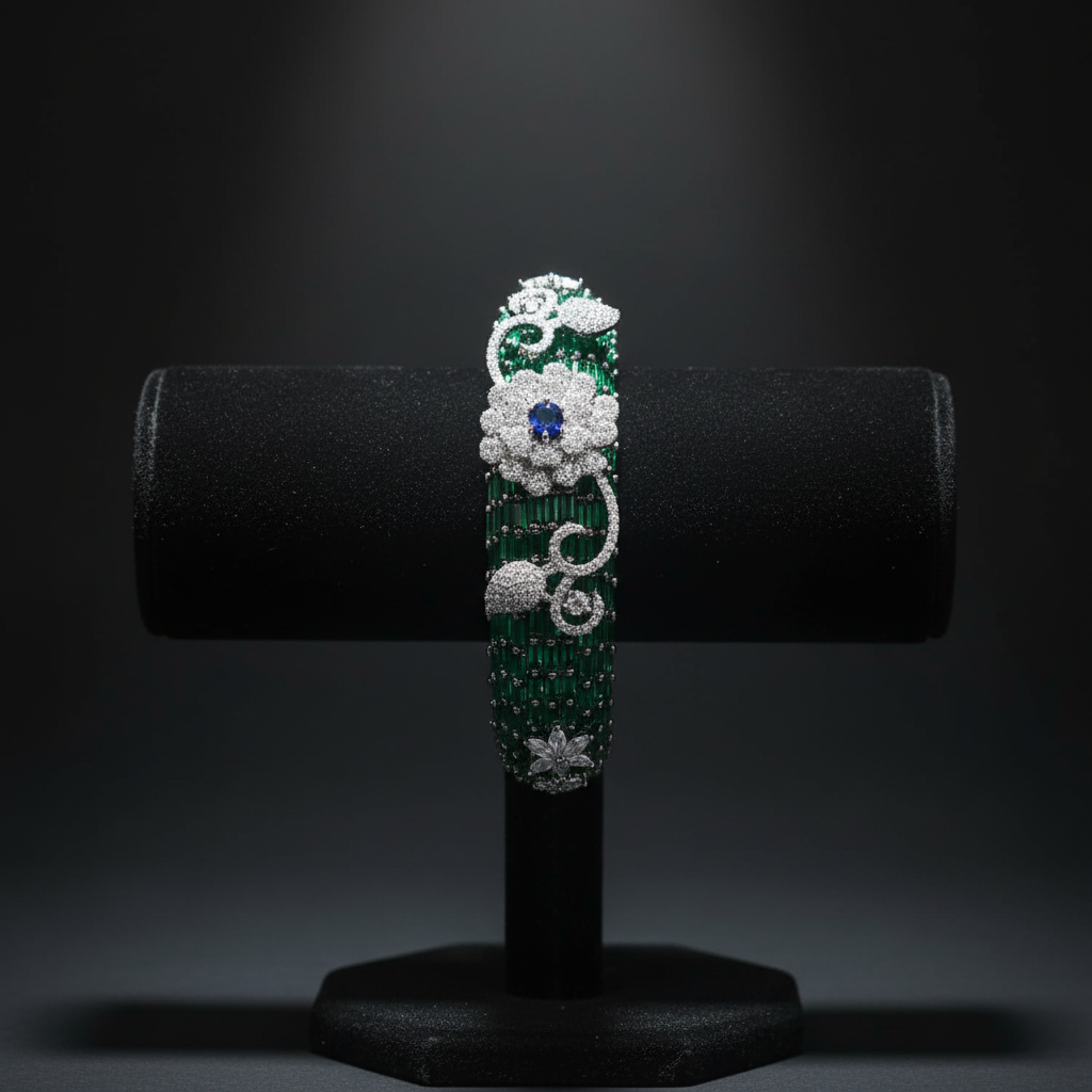 Emerald green baguette AD bangle with white floral AD sculpture on dark velvet studio display