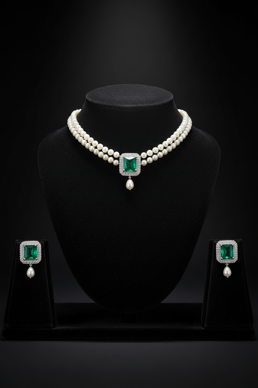 2-strand seed pearl choker with emerald square AD pendant on dark velvet studio display