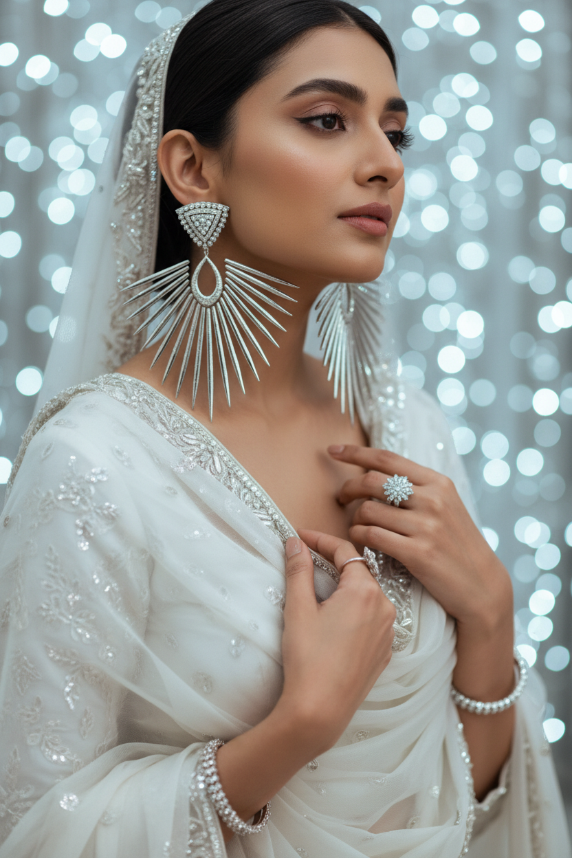 Silver AD Diamond CZ Sunburst Fan Spike Drop Earrings - Bridal Lifestyle Editorial