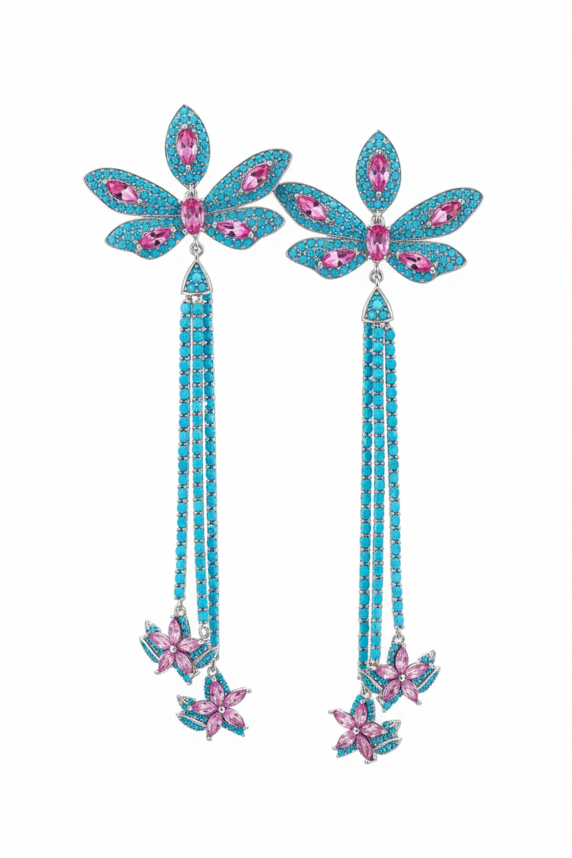 Turquoise Dragonfly Tassel Drop Earrings – white background studio promotional image