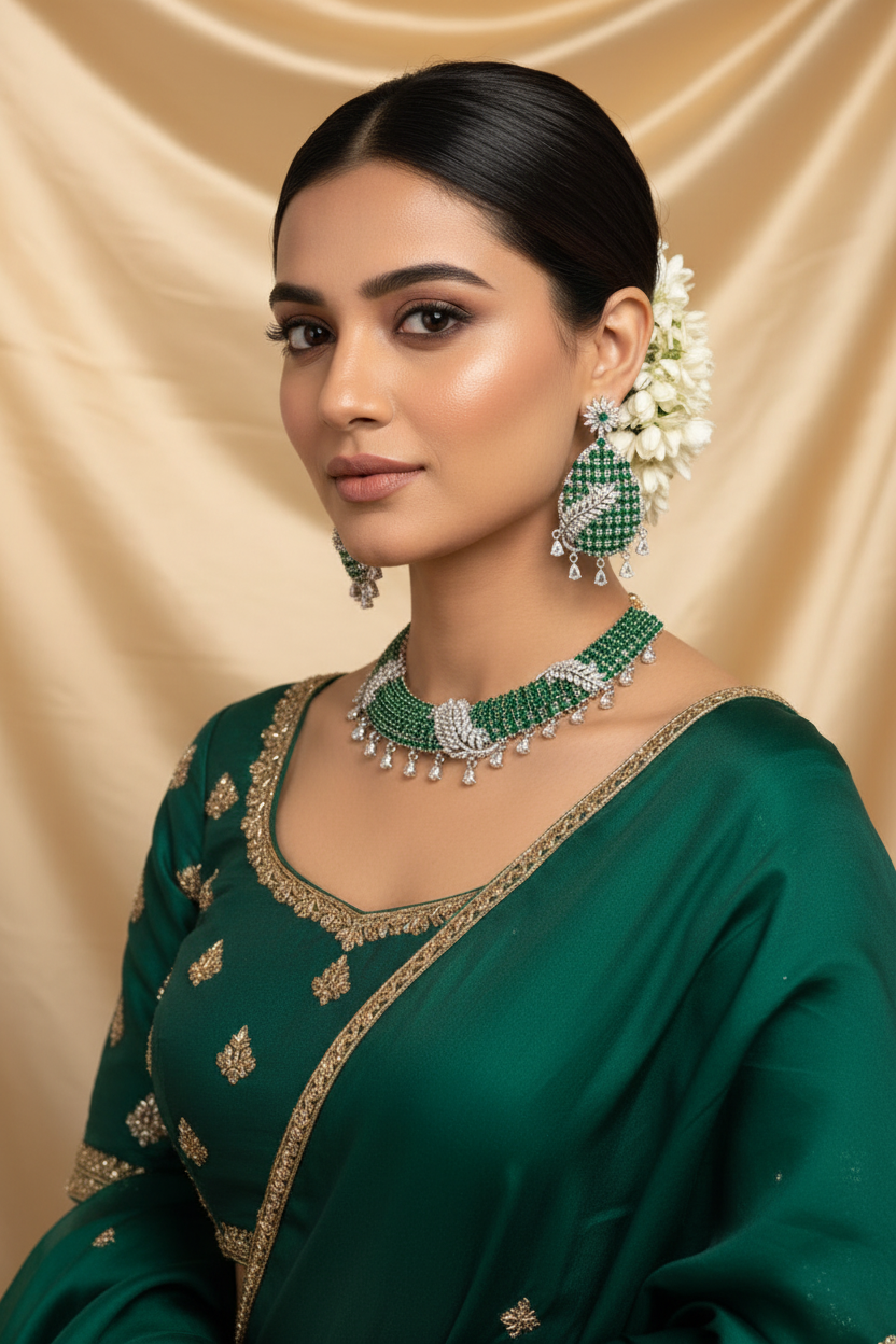 Bridal lifestyle — model wearing emerald green and white AD pave twisted rope choker necklace set