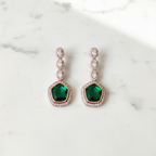 Rose Gold AD Emerald Green Pentagon CZ Drop Earrings - Studio Promotional Shot