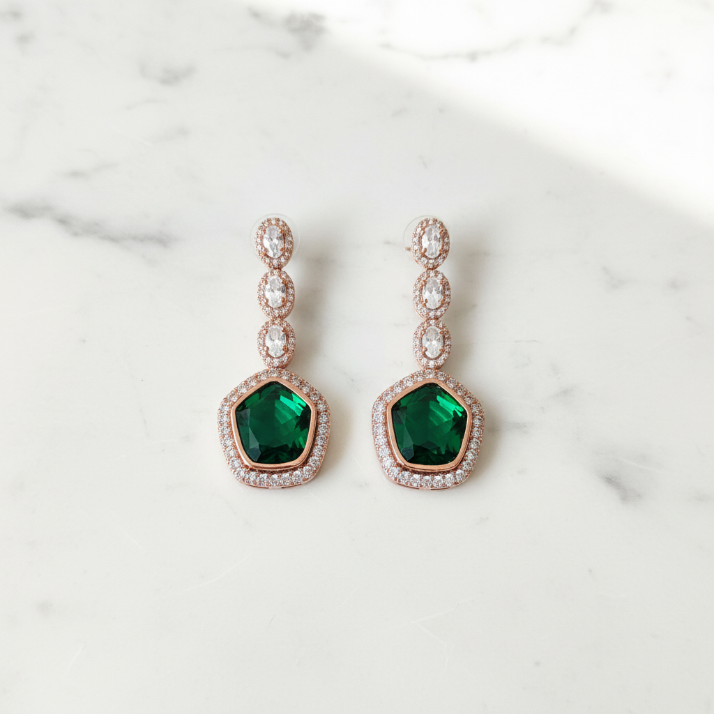 Rose Gold AD Emerald Green Pentagon CZ Drop Earrings - Studio Promotional Shot