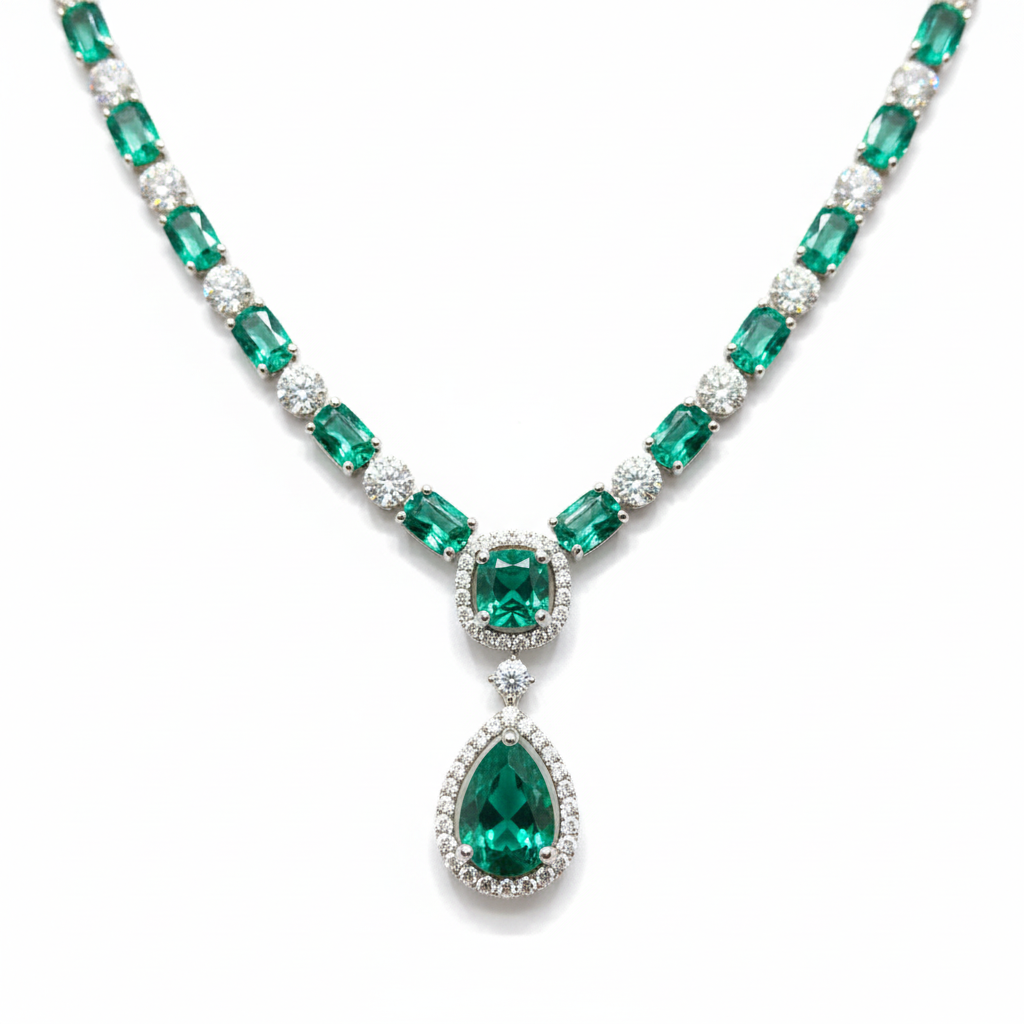 Close-up macro of emerald oval stones and double-drop pendant