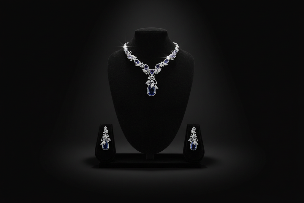 Sapphire blue floral AD necklace set promotional banner on black background