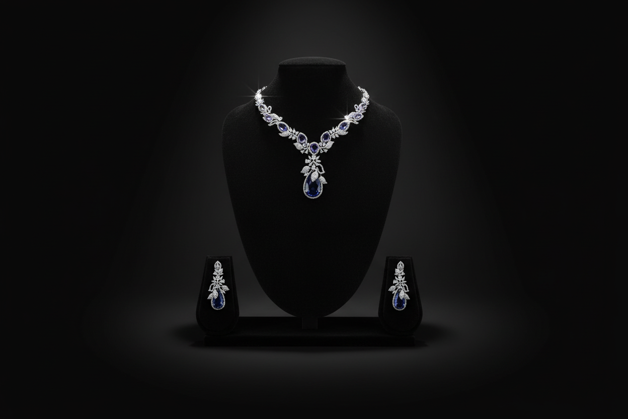 Sapphire blue floral AD necklace set promotional banner on black background