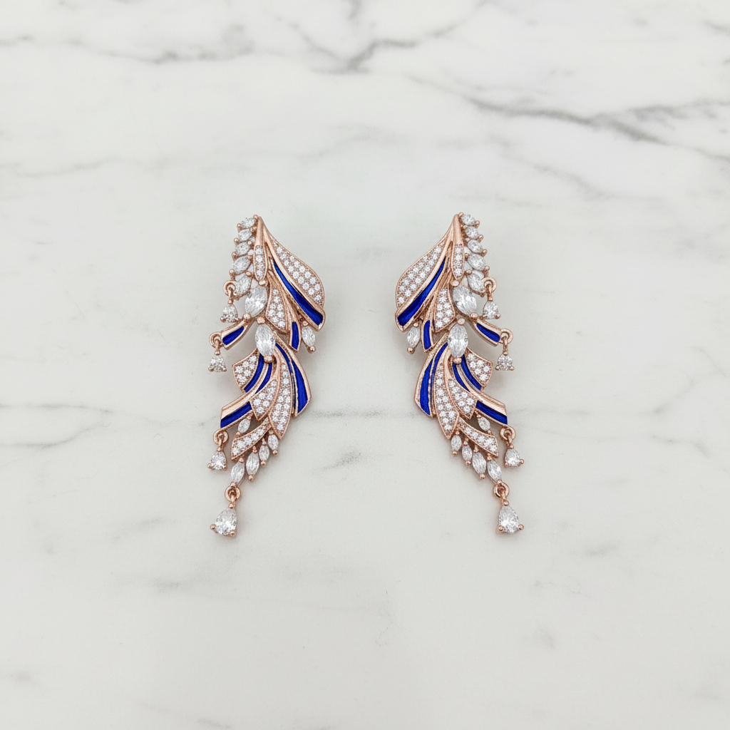 Rose Gold AD Royal Blue Enamel Peacock Feather Wing Earrings - Studio Promotional Shot