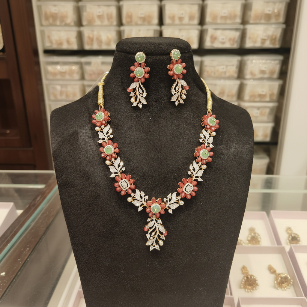 Ruby pink floral and jade green AD leaf necklace set on burgundy velvet display