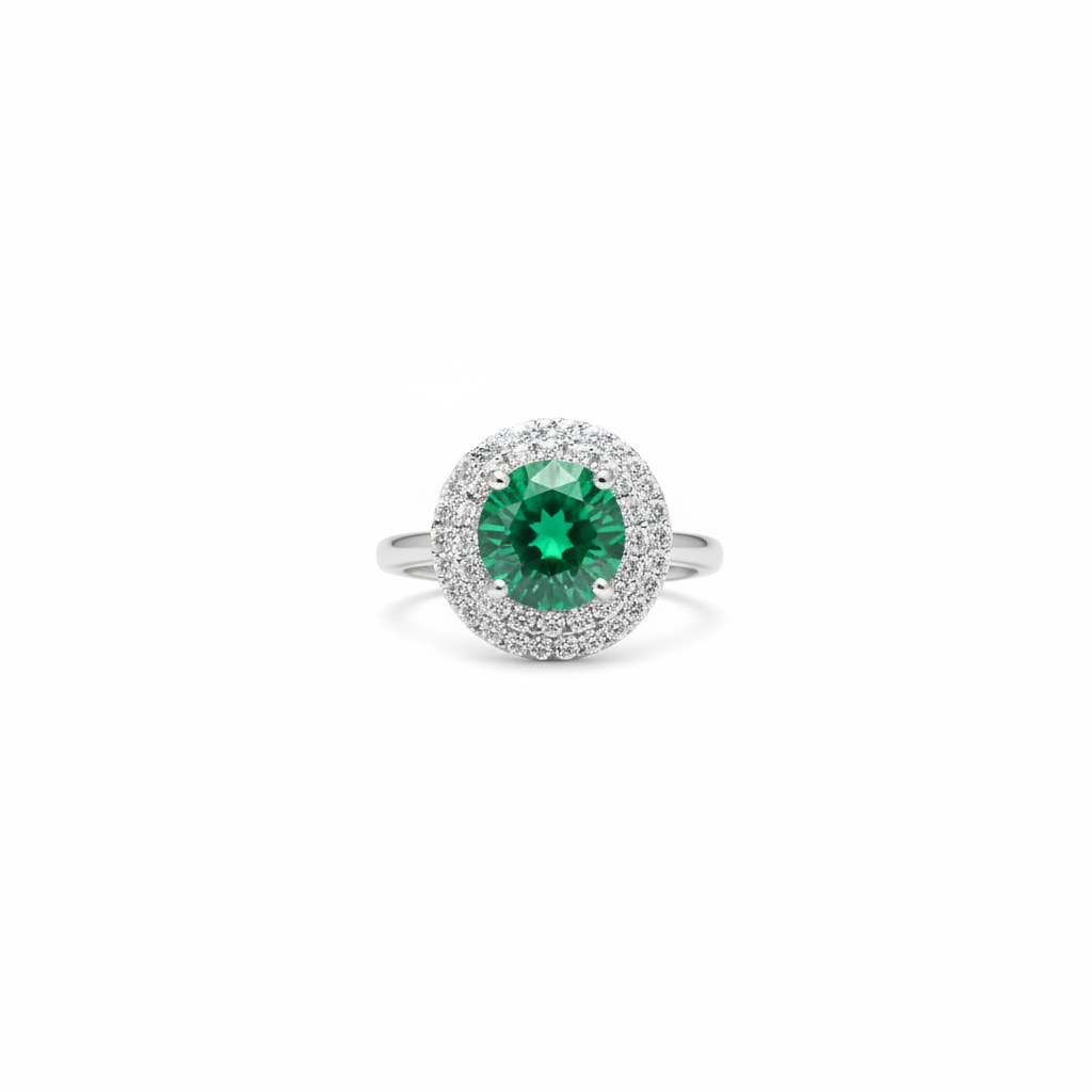 92.5 Sterling Silver Emerald Green Round Double Halo Ring studio product shot