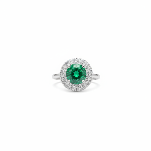 92.5 Sterling Silver Emerald Green Round Double Halo Ring studio product shot