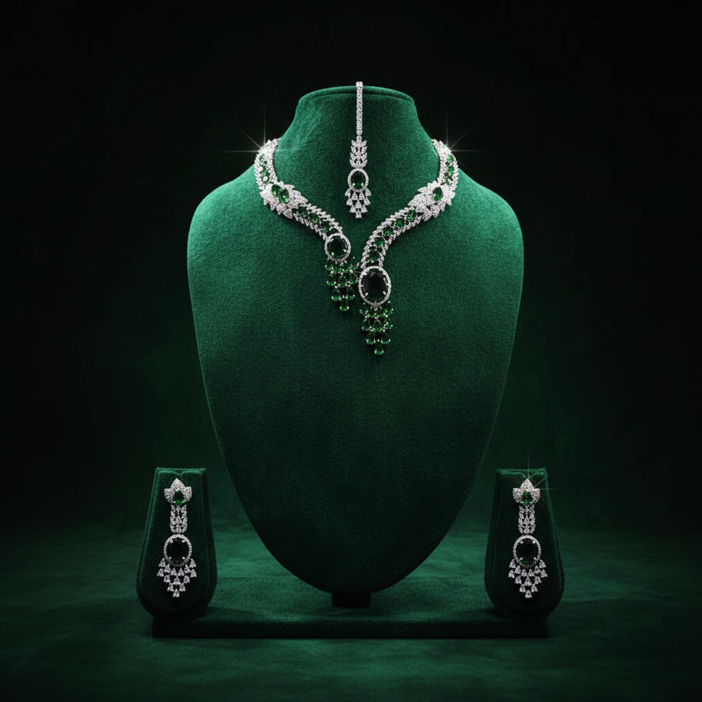 Emerald AD Necklace Set on dark velvet display