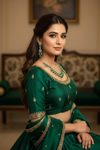 Bridal lifestyle — model wearing emerald green double-row AD floral drop necklace set