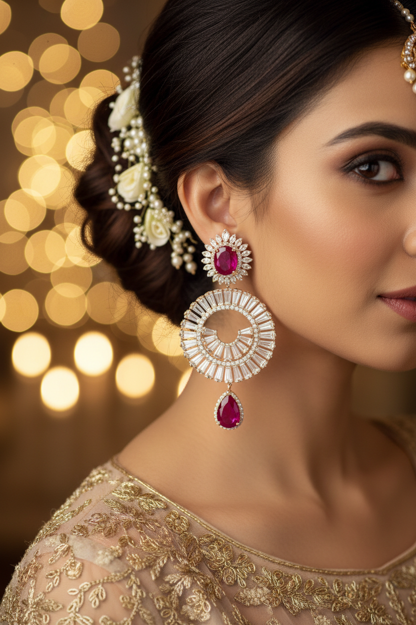 Rose Gold AD Ruby Sunburst Disc Drop Earrings - Bridal Lifestyle Editorial