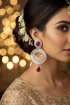 Rose Gold AD Ruby Sunburst Disc Drop Earrings - Bridal Lifestyle Editorial