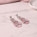 Silver CZ Double Bow Pink Shell Drop Earrings – luxury flat lay on marble
