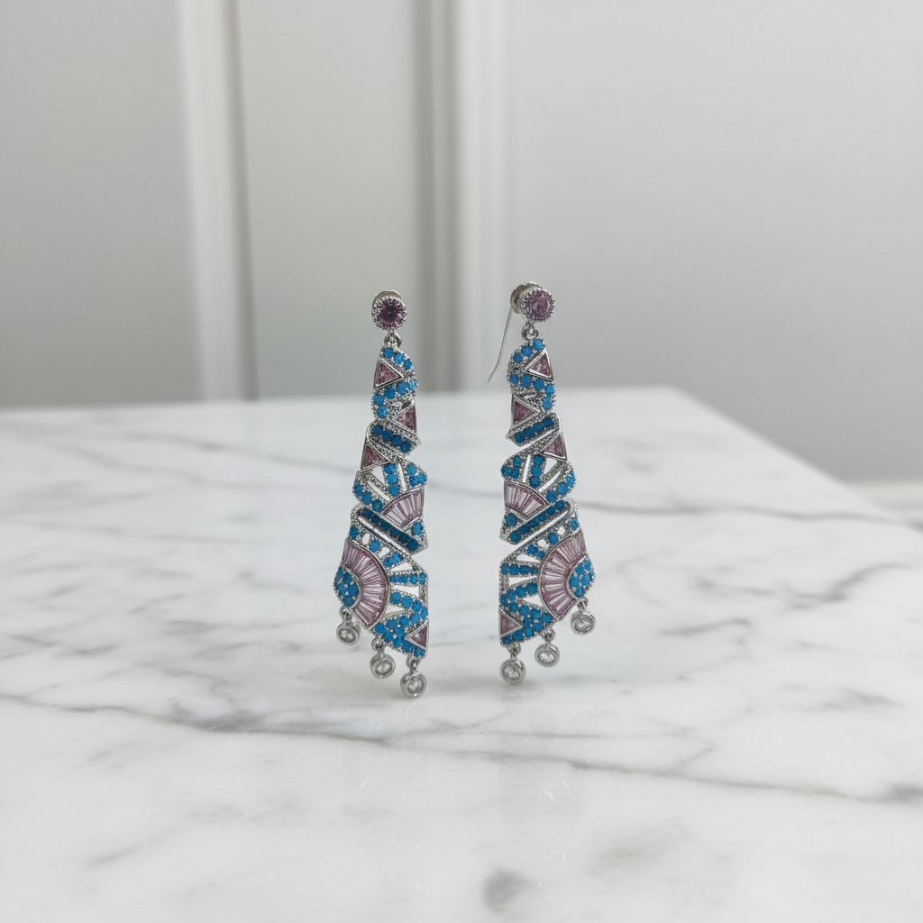 Turquoise & Pink CZ Helix Earrings – luxury flat lay on marble