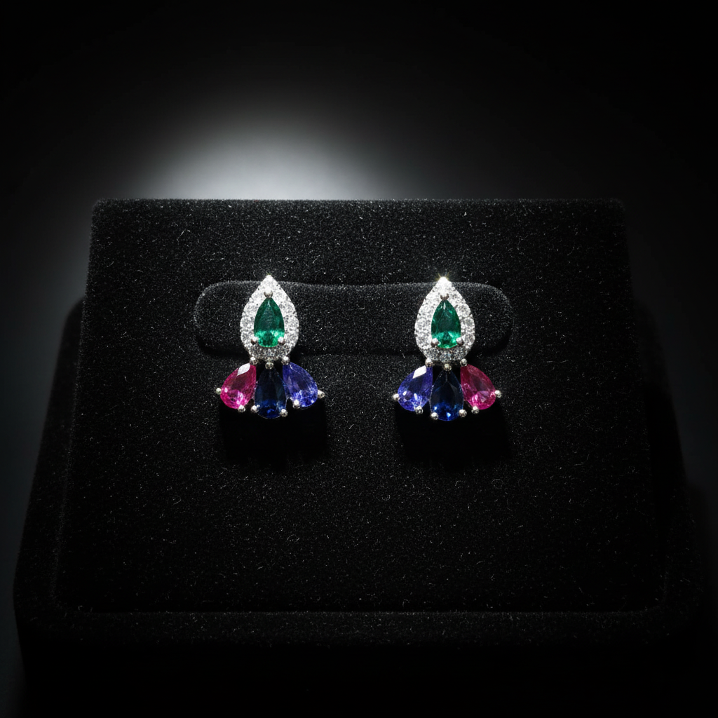Multicolour CZ cluster drop earrings on black velvet - bold editorial style
