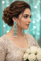 Silver AD Mint Turquoise CZ Long Drop Earrings - Lifestyle Editorial