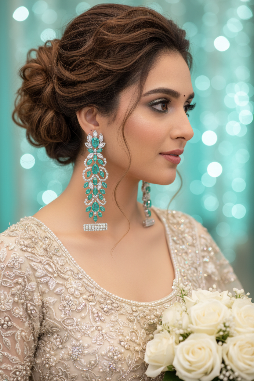 Silver AD Mint Turquoise CZ Long Drop Earrings - Lifestyle Editorial