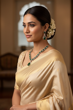 Bridal lifestyle shot — model wearing emerald cushion-cut AD necklace set