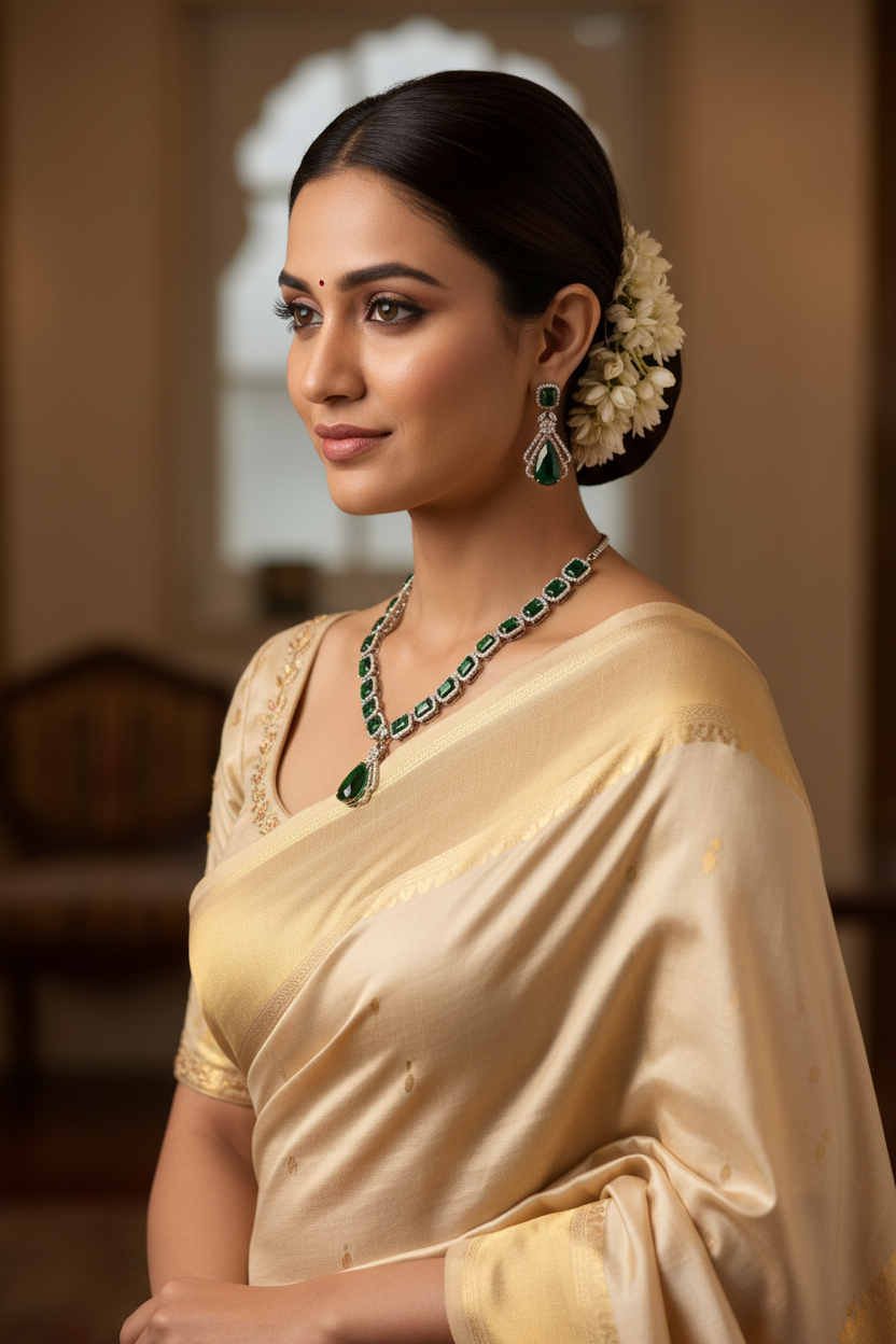 Bridal lifestyle shot — model wearing emerald cushion-cut AD necklace set