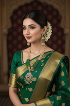 Bridal lifestyle — model wearing emerald green bead and gold AD peacock fan pendant long necklace set