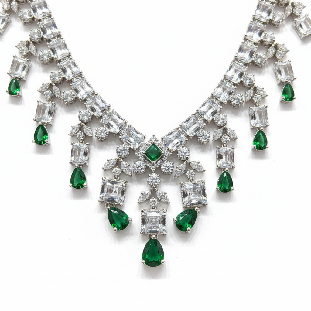 Close-up macro of crystal fringe and emerald accent stones