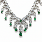 Close-up macro of crystal fringe and emerald accent stones