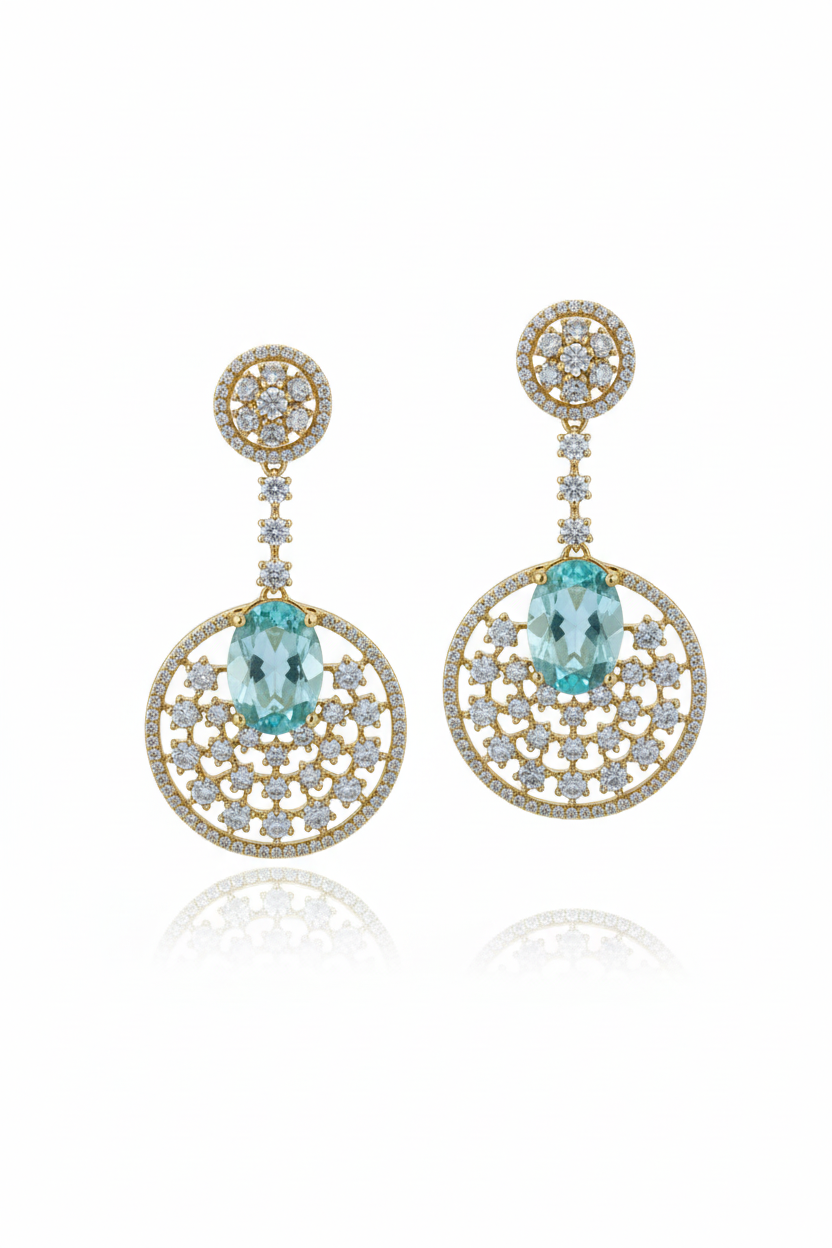 Gold AD Circular Chandelier Drop Earrings – white background studio promotional image