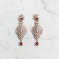 Rose Gold AD Ruby Sunburst Disc Drop Earrings - Studio Promotional Shot