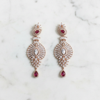 Rose Gold AD Ruby Sunburst Disc Drop Earrings - Studio Promotional Shot