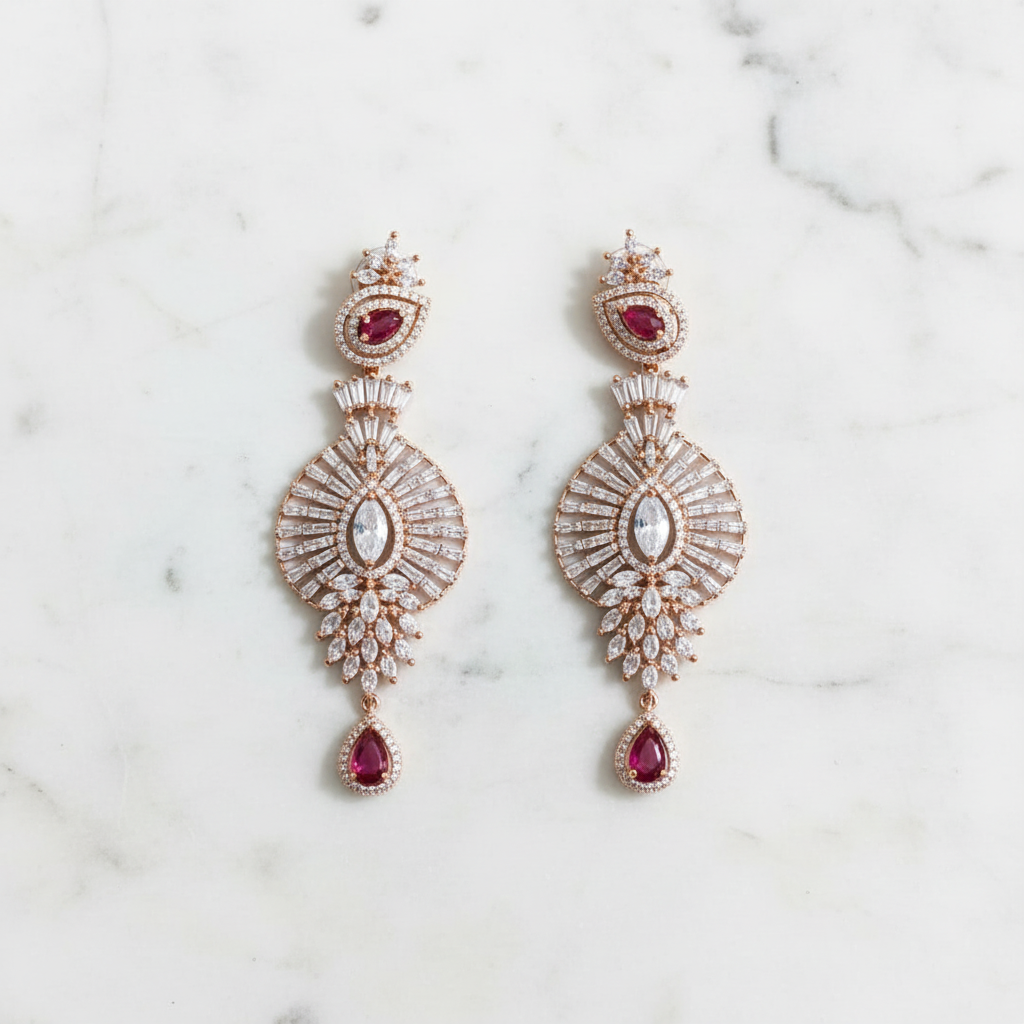 Rose Gold AD Ruby Sunburst Disc Drop Earrings - Studio Promotional Shot