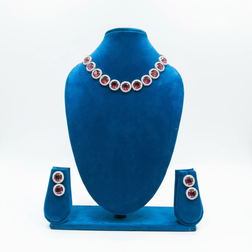 Ruby round halo AD necklace set on teal velvet display