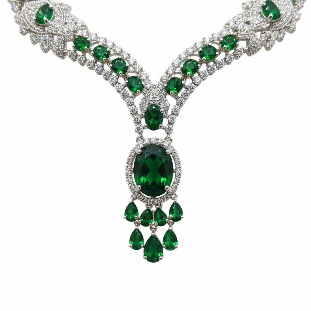 Close-up detail of emerald centerpiece stones