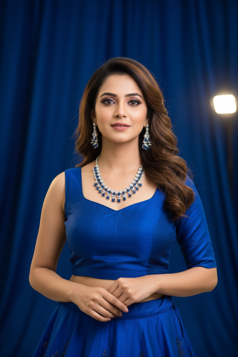 Bridal lifestyle — model wearing sapphire blue AD double-row fringe necklace set