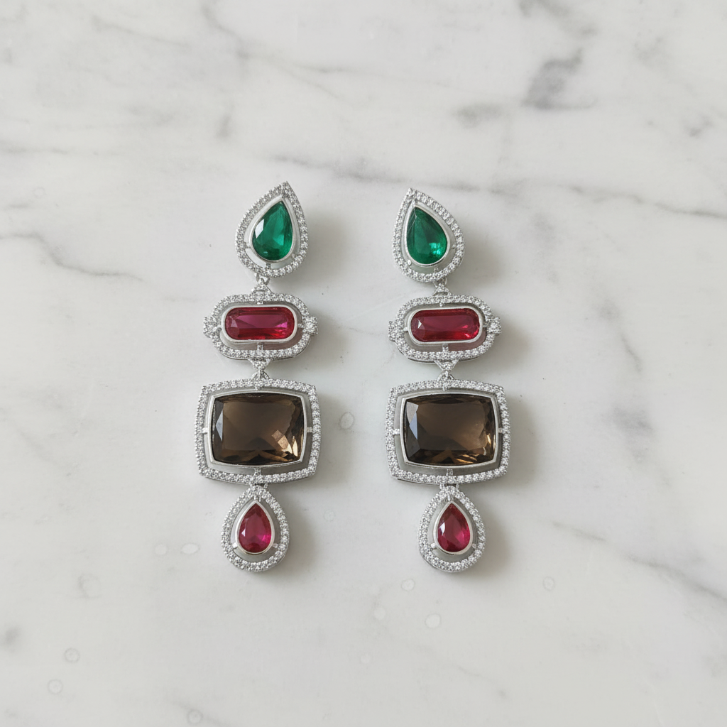 Emerald Ruby Smoky Topaz CZ Chandelier Earrings – luxury flat lay on marble