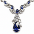 Close-up macro of floral AD pattern and sapphire teardrop pendant