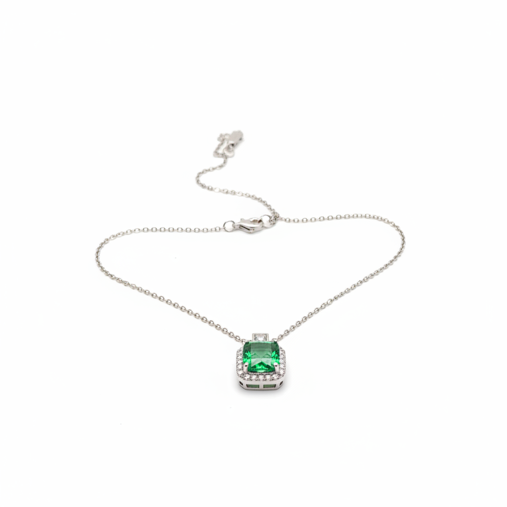 Emerald Green Square CZ Chain Pendant - Studio White Background