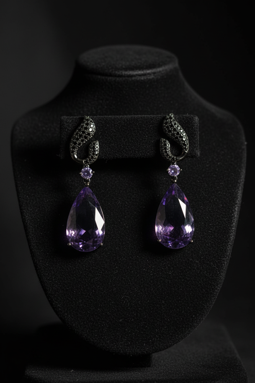 Amethyst Wave Teardrop Drop Earrings – dark velvet luxury editorial promotional image
