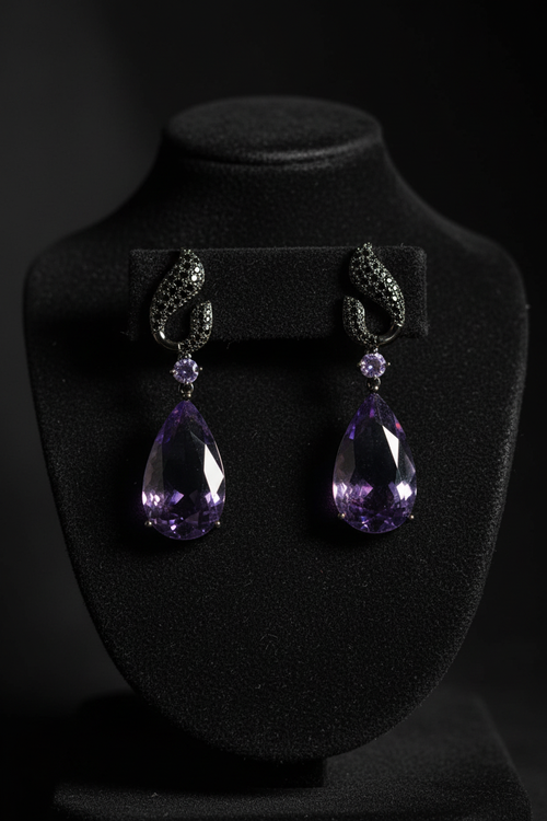 Amethyst Wave Teardrop Drop Earrings – dark velvet luxury editorial promotional image