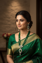 Bridal lifestyle — model wearing emerald bead and pearl polki AD jade pendant long necklace set