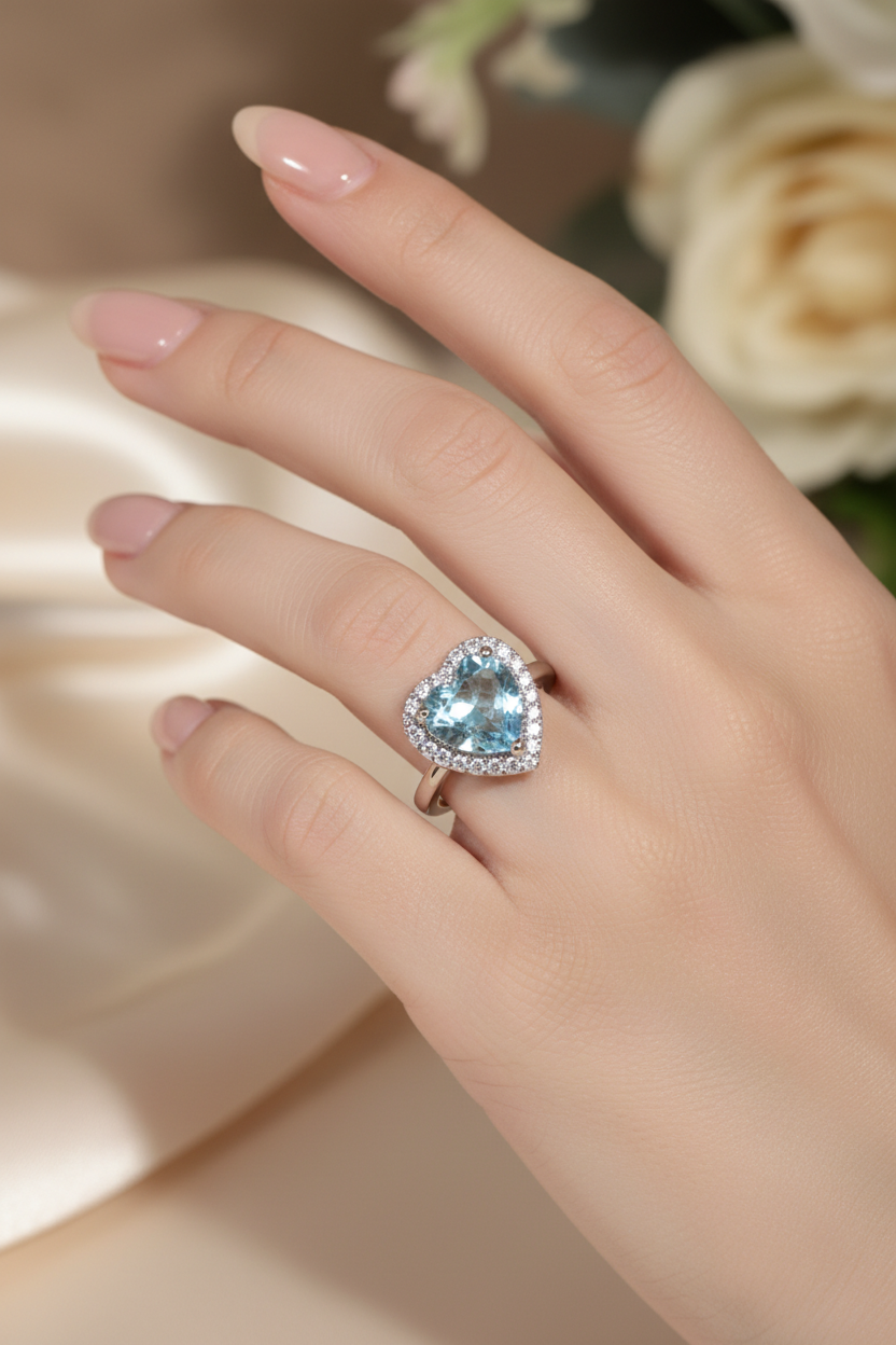 92.5 Sterling Silver Aquamarine Heart Ring lifestyle editorial shot