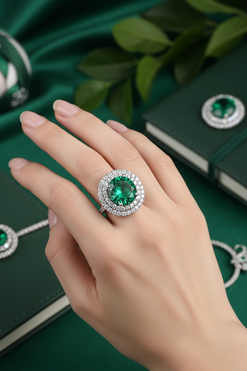 92.5 Sterling Silver Emerald Green Round Double Halo Ring lifestyle editorial shot