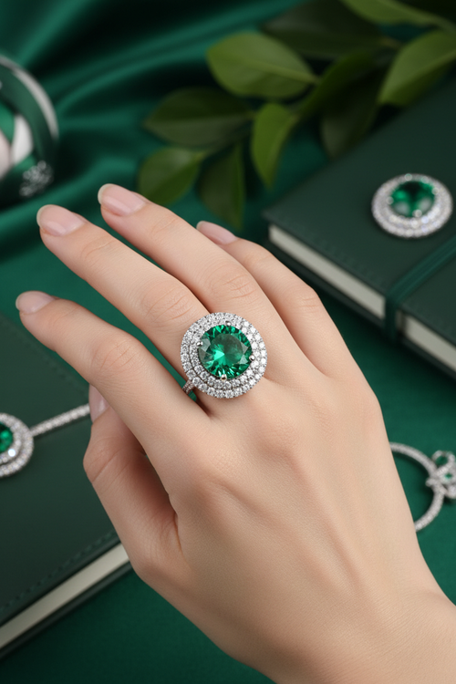 92.5 Sterling Silver Emerald Green Round Double Halo Ring lifestyle editorial shot