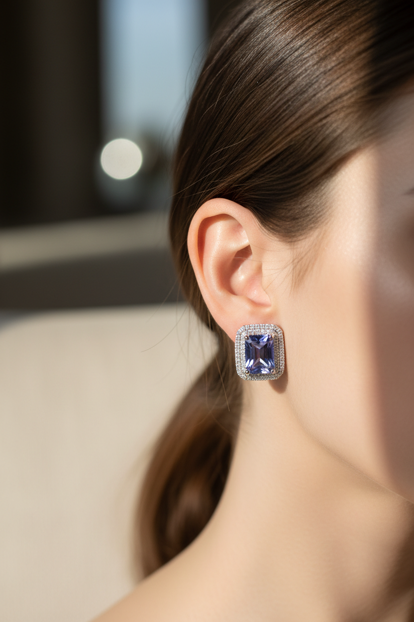 92.5 Sterling Silver Tanzanite Blue Rectangular Halo Stud Earrings lifestyle editorial shot