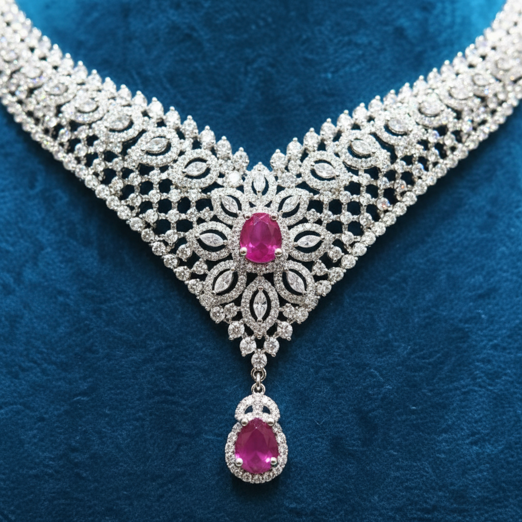 Close-up macro of AD lace pattern and ruby teardrop pendant
