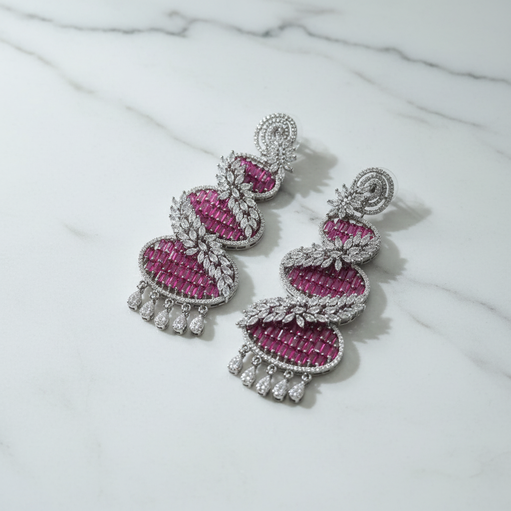 Ruby Pink Baguette White Marquise CZ Chandelier Earrings – luxury flat lay on marble