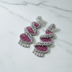 Ruby Pink Baguette White Marquise CZ Chandelier Earrings – luxury flat lay on marble