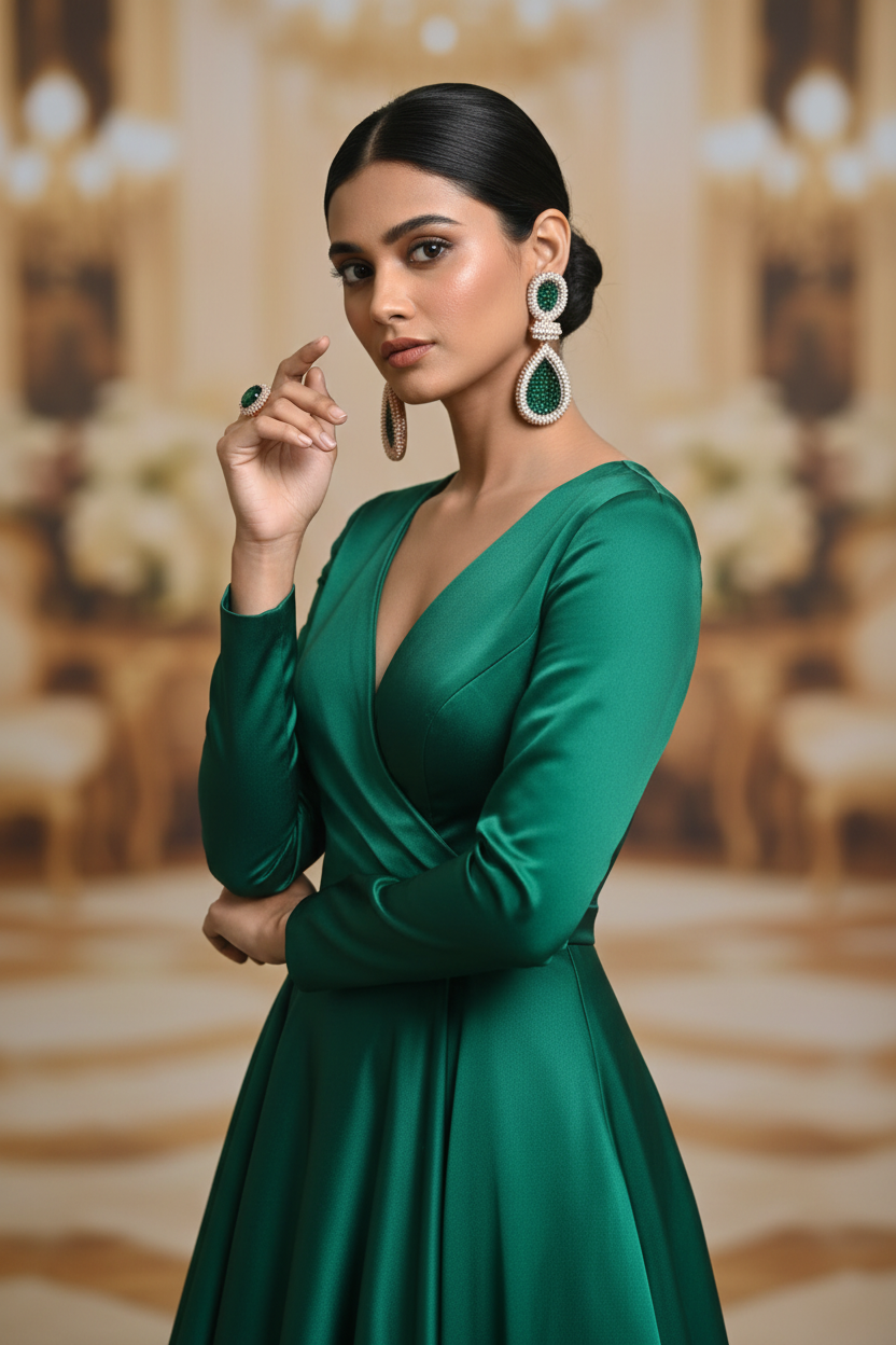 Emerald Green White CZ Double Teardrop Earrings – lifestyle editorial evening look