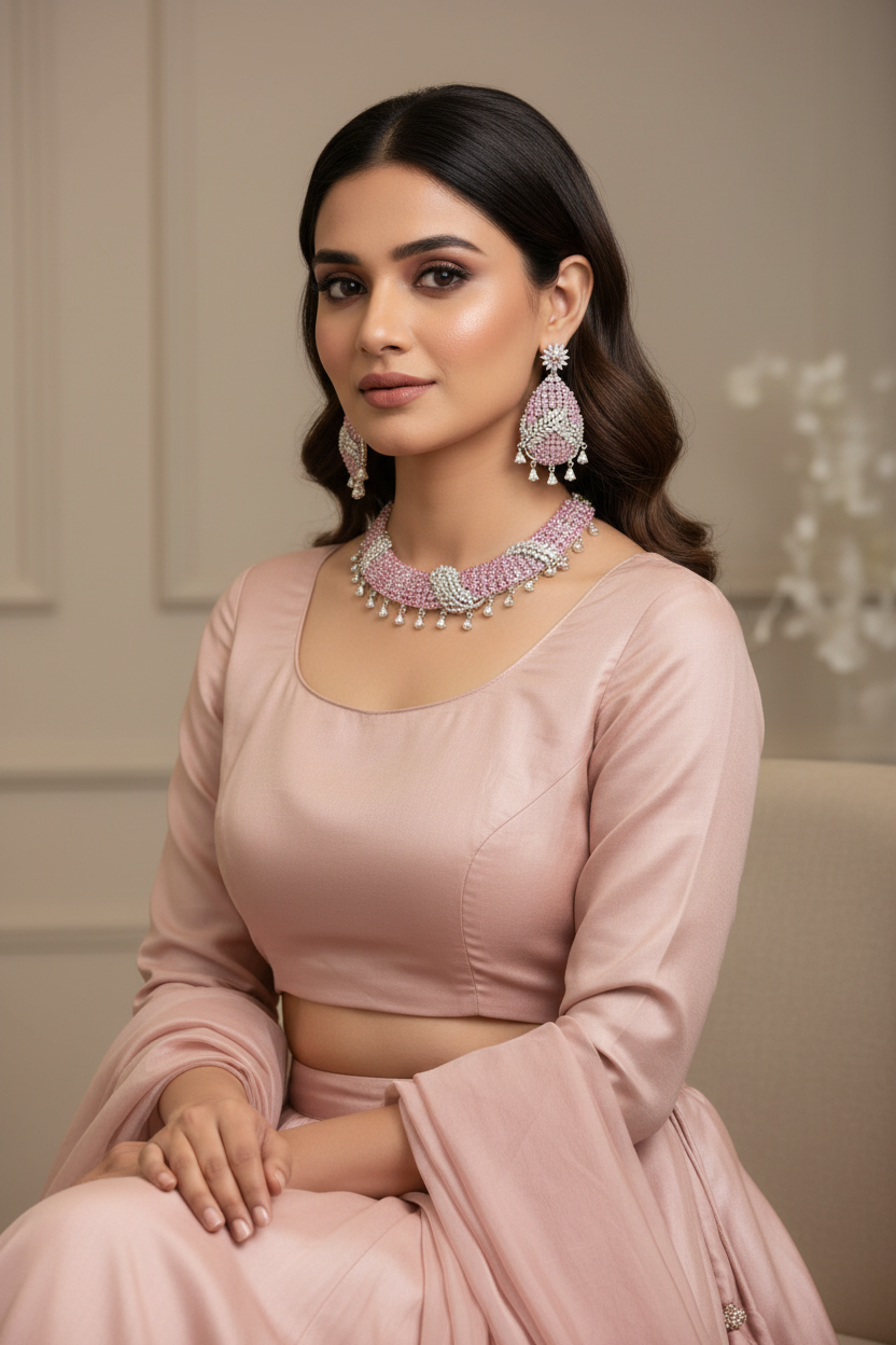 Bridal lifestyle — model wearing pink and white AD pave twisted rope choker necklace set